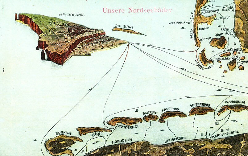 Map of ferry routes to North Sea spas on the German coast including Helgoland, Borkum, Juist, Nordeney, Amrum, Sylt, and others, labeled 'our North Sea spas'. Helgoland is shown as a relief map. The reverse is numbered (bottom left) 15293.